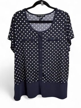 Elie McCarthy Navy Polka Dot Short Sleeve Button Front Top